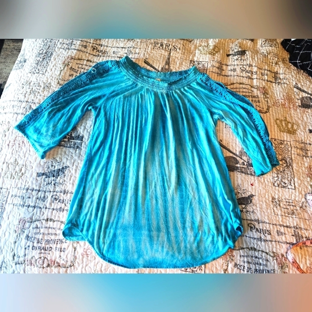 Studio West Boho Peasant Top Small Blue Crochet Trim Long Sleeve